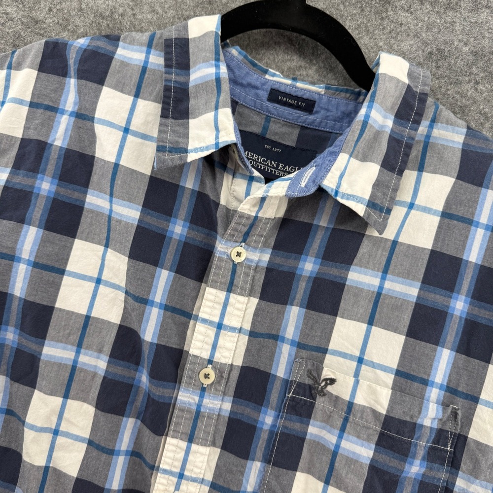 American Eagle Button Down Mens XXL Blue Plaid Short Sleeve Vintage Fit Shirt‎